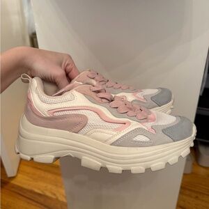 Zara Women's Chunky Lace-Up Sneakers in Pink, Gray & Cream